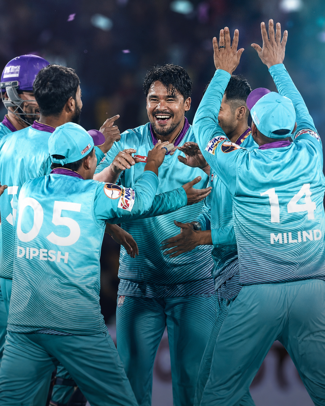 Kathmandu Gorkhas players celebrate together on the field