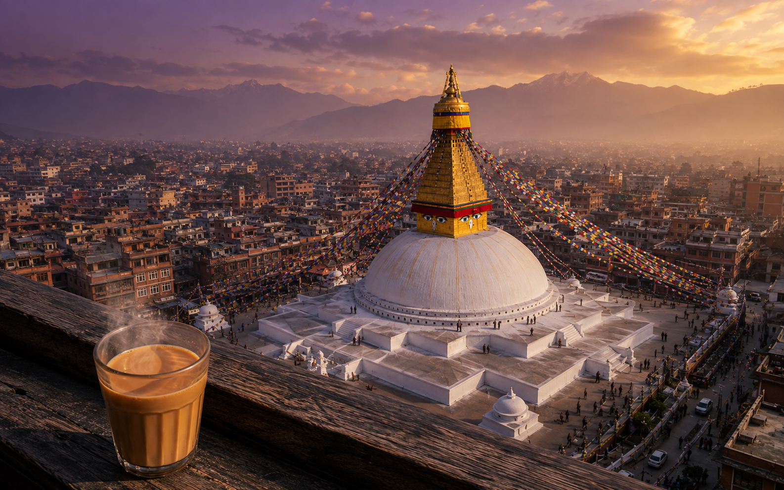 Boudhanath Stupa overlooking Kathmandu at sunset